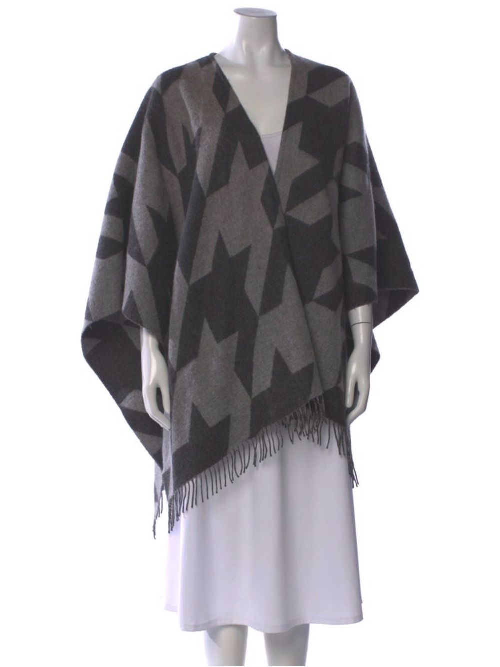 Amicale Gray Charcoal Houndstooth Merino Wool Poncho Wrap One Size